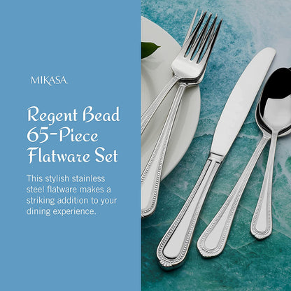 , Regent Bead Flatware Service for 12, 65 Piece Set, 18/10 Stainless Steel, Silverware Set with Serving Utensils