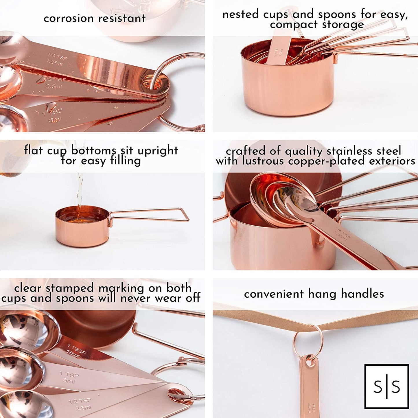 Copper Measuring Cups and Spoons Set – 8-Piece Stackable Stainless Steel Metal Measuring Utensils – Stylish and Sturdy Rose Gold Kitchen Accessories for Baking and Cooking