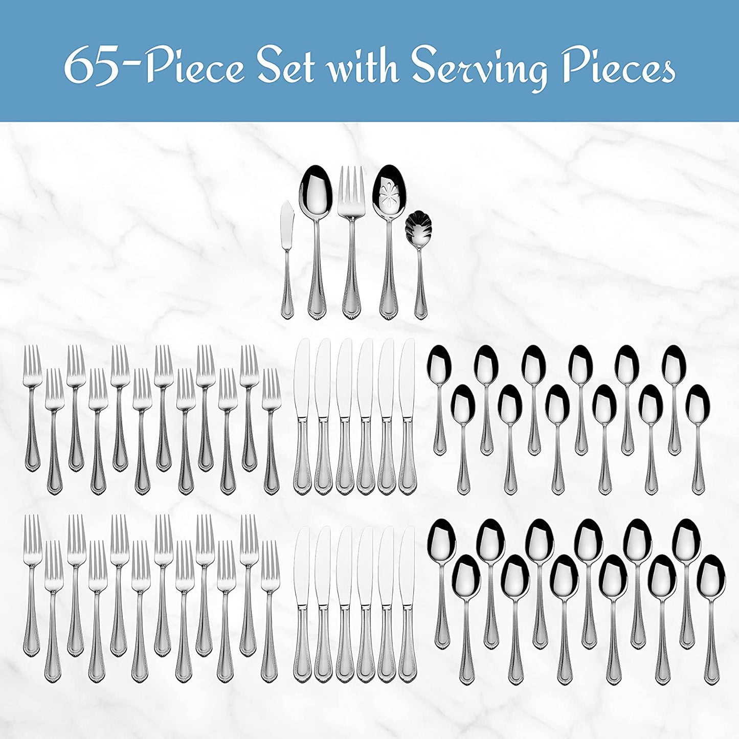 , Regent Bead Flatware Service for 12, 65 Piece Set, 18/10 Stainless Steel, Silverware Set with Serving Utensils