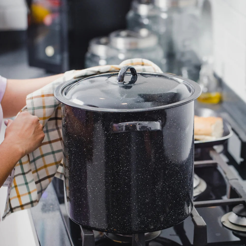 Ware Enamel on Steel Multiuse Pot, Seafood / Tamale / Stock Pot Includes Steamer Insert, 15.5-Quart, Black