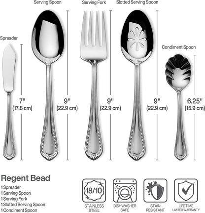 , Regent Bead Flatware Service for 12, 65 Piece Set, 18/10 Stainless Steel, Silverware Set with Serving Utensils