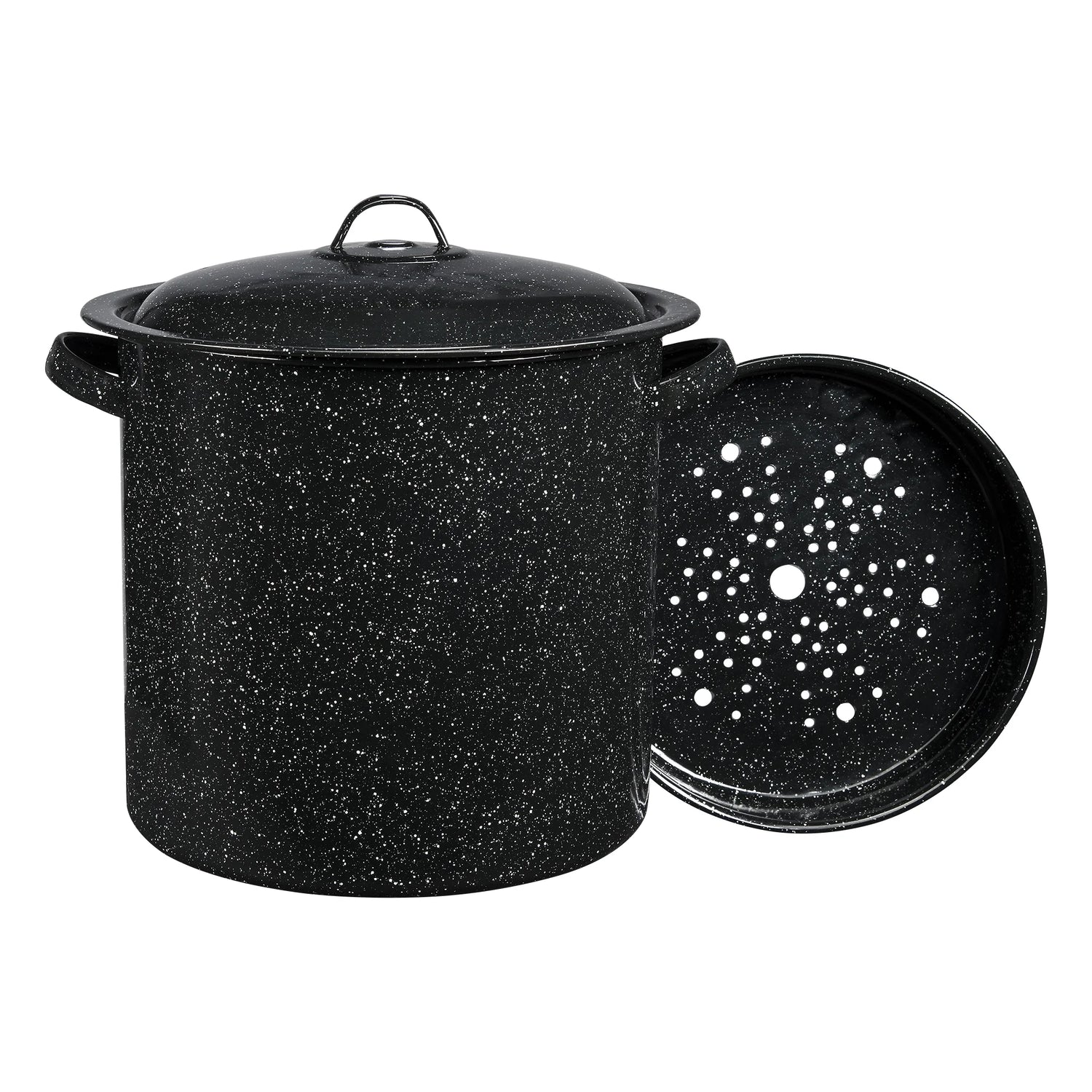 Ware Enamel on Steel Multiuse Pot, Seafood / Tamale / Stock Pot Includes Steamer Insert, 15.5-Quart, Black