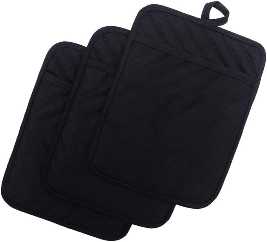 Cotton Pot Holders with Pocket, Heat Resistant Black Counter Table Hot Pads for Kitchen