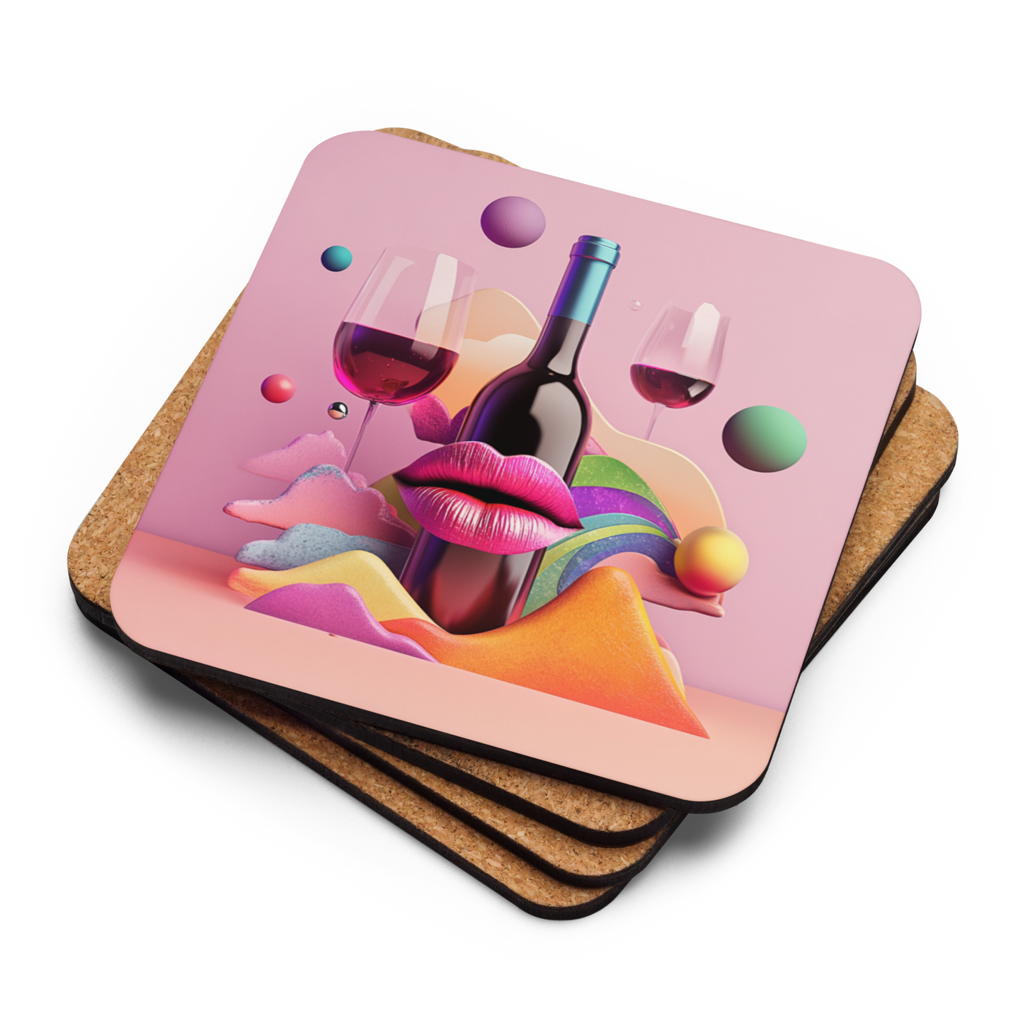 Cork Wine Coaster – Funny Pink 3D Artistic Design for Wine Lovers.