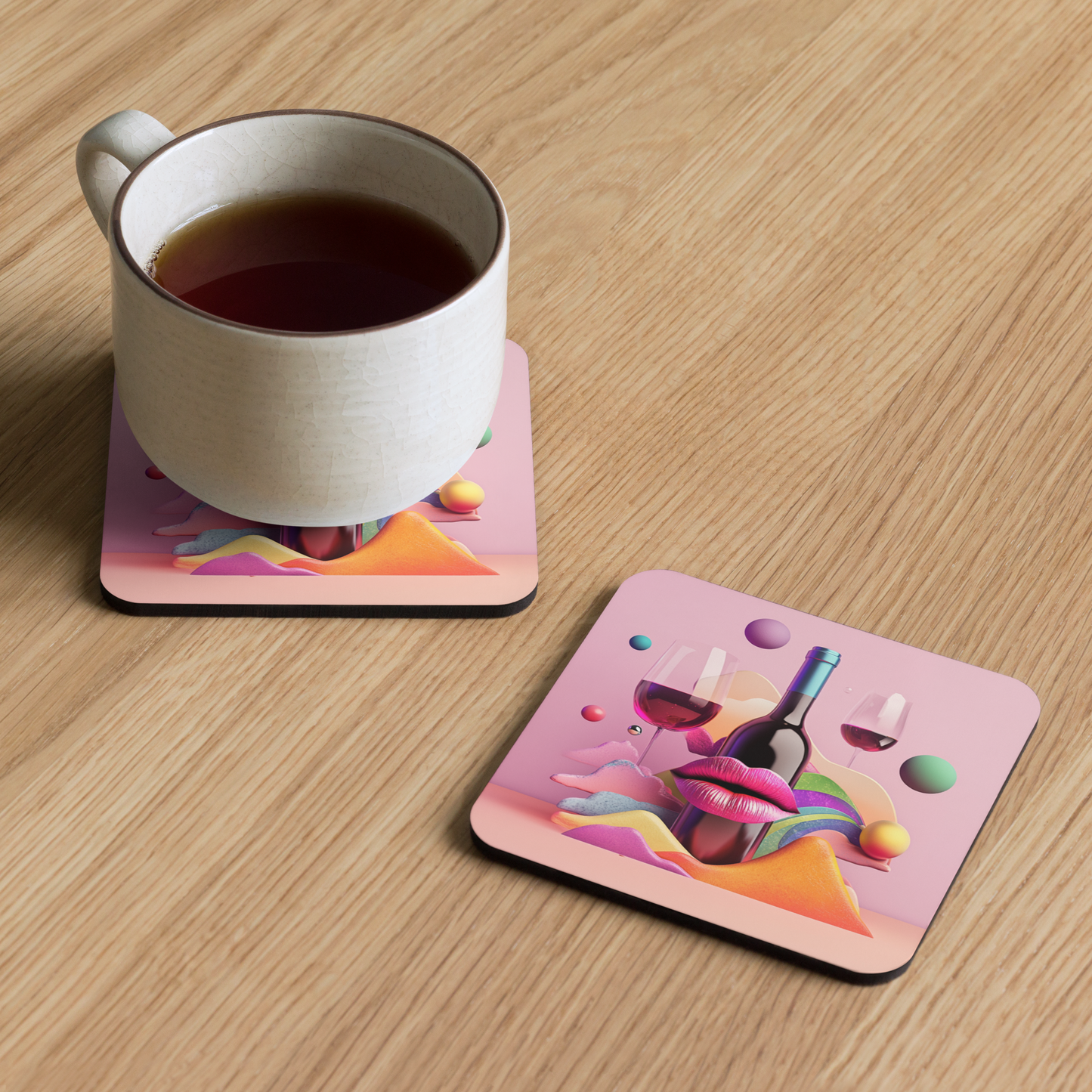 Cork Wine Coaster – Funny Pink 3D Artistic Design for Wine Lovers.