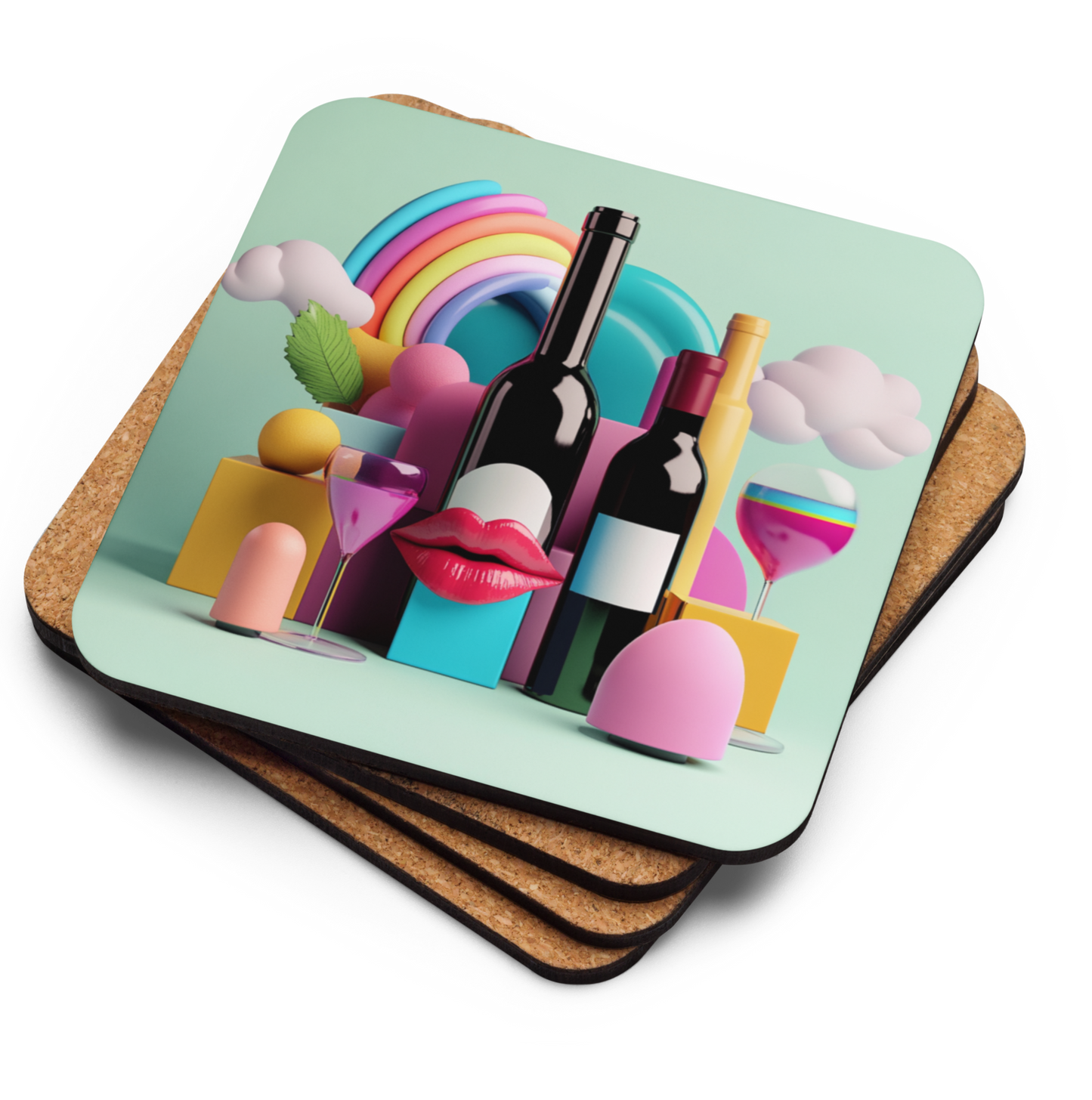 Cork Wine Coaster – Funny Teal 3D Artistic Design for Wine Lovers